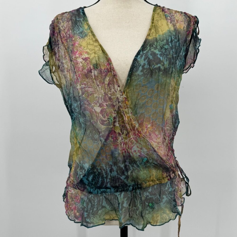 Multicolored floral print 100% silk blouse sheer see through ruffle sleeve sz 8